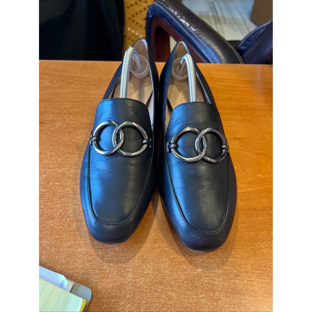 27 Edit Regina Black Leather Loafer with Silver Ring/Heel Accent Women 10